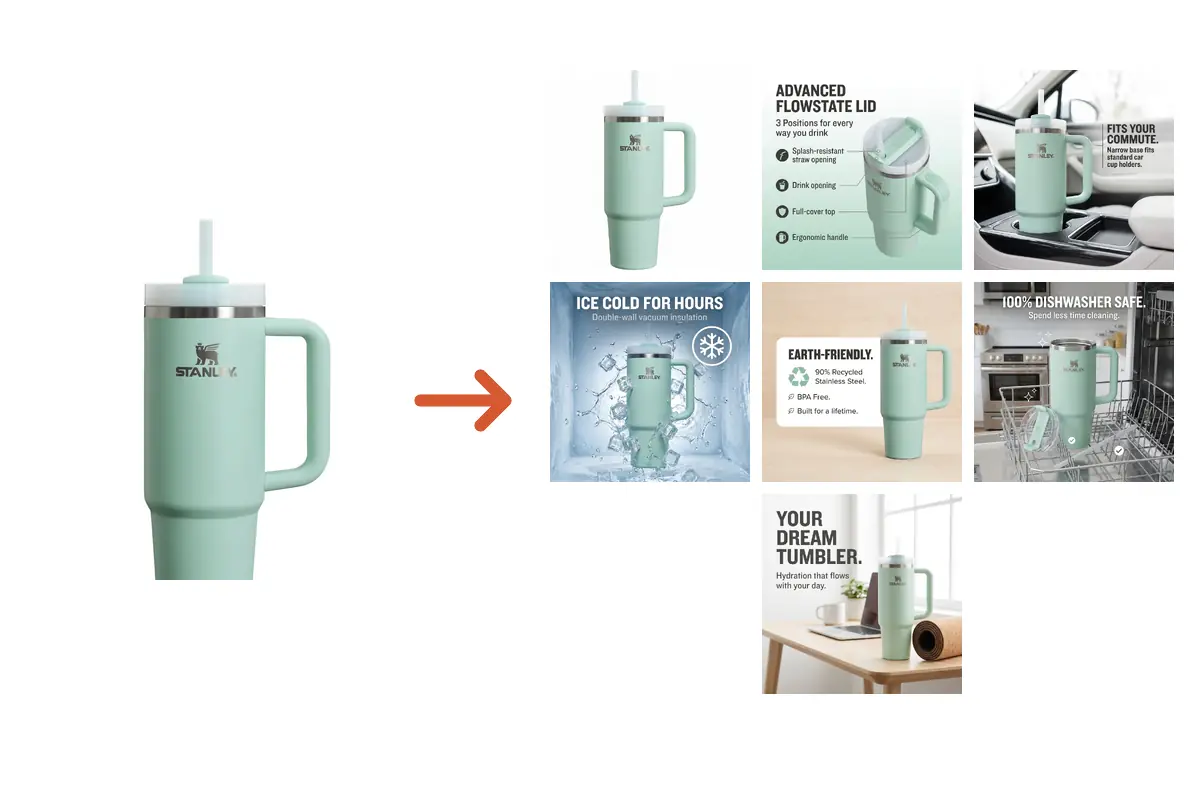 One Stanley product image transformed into seven Amazon listing visuals by Pixii.